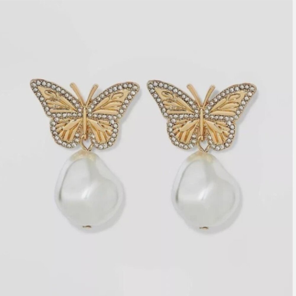 NEW Baublebar Faux Freshwater Pearl/Butterfly Drop Earrings PAIR